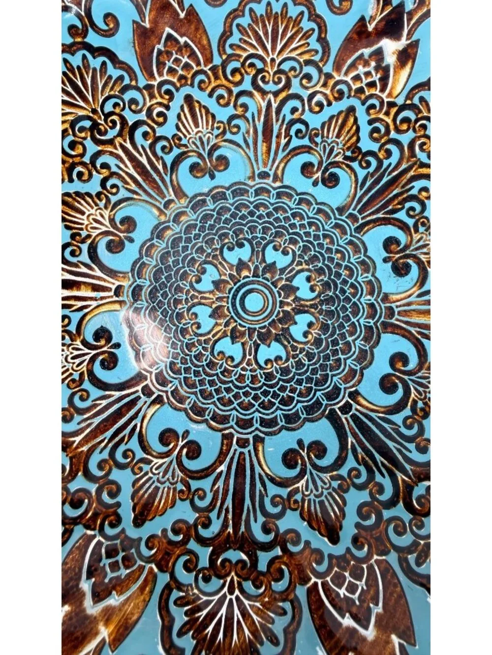 Turkish Glass Decorative Bowl Teal Blue Bronze Embossed Mandala Ornate-Gorgeous